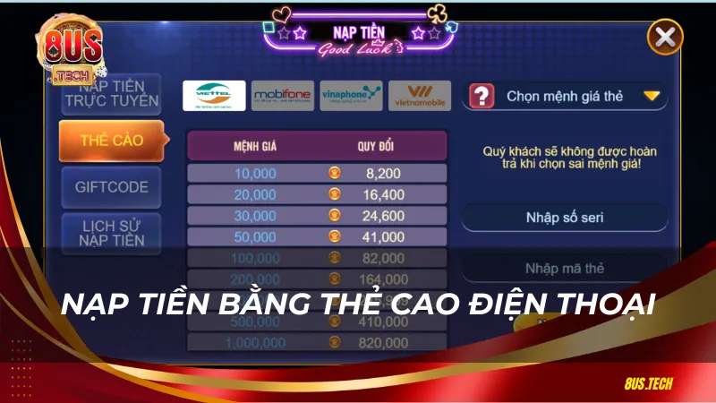 Nạp tiền bằng thẻ cào điện thoại